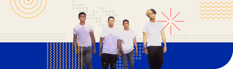"Montagem gráfica com quatro jovens de camisetas brancas caminhando sobre um fundo dividido em creme e azul, decorado com formas geométricas em laranja, vermelho e cinza."