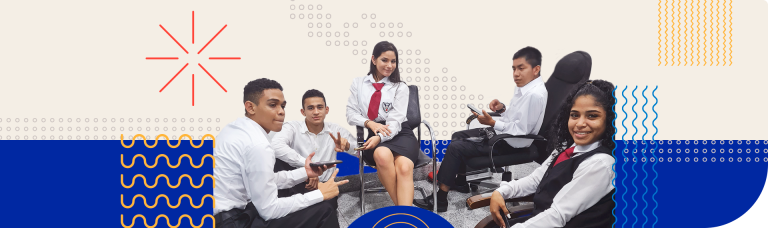 Foto de cinco jovens estudantes uniformizados, sentados em cadeiras e interagindo com dispositivos eletrônicos. Eles fazem parte do programa Solve for Tomorrow Latam e desenvolveram um projeto STEM de sistema de irrigação inteligente. A imagem tem um fundo editado com elementos gráficos coloridos, incluindo padrões ondulados e formas geométricas em azul, laranja e vermelho, conferindo um visual dinâmico e moderno. Todos parecem engajados e sorridentes, transmitindo entusiasmo e colaboração.