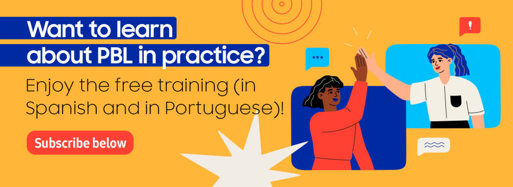 Promotional image for a free PBL course. Two people, one with dark skin and one with light skin, are giving a "high-five". The background has colorful graphic elements and a subscription button.