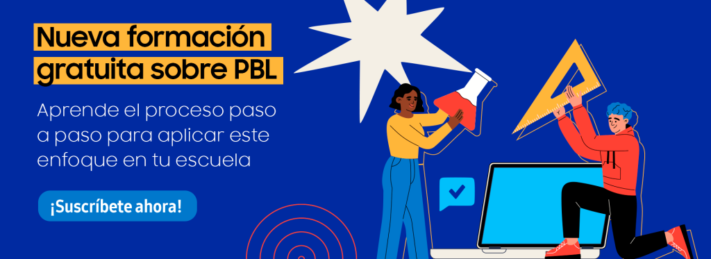 Imagen promocional de un curso gratuito sobre PBL. Dos personas, una con piel oscura y otra con piel clara, se dan un "high-five". En el fondo, hay elementos gráficos de colores y un botón de suscripción.