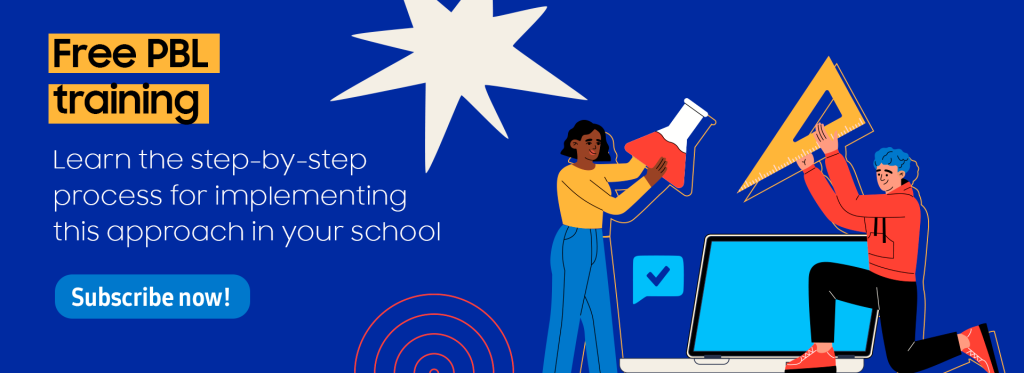 Promotional image for a free PBL course. Two illustrated people (one with dark skin and one with light skin) are working together, one holding a flask and the other a ruler. A laptop and other graphic elements are in the background.