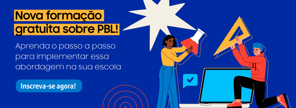 Imagem promocional de um curso gratuito sobre PBL. Duas pessoas, uma com pele escura e outra com pele clara, estão dando um "high-five". Ao fundo, há elementos gráficos coloridos e um botão de inscrição.