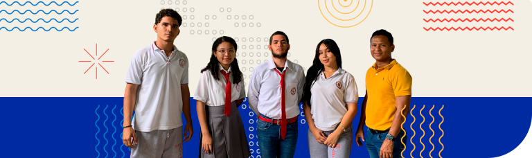 Cinco jóvenes posan frente a un fondo colorido pra el proyecto Koguinet, plataforma educativa de preservación de la lengua indígena.