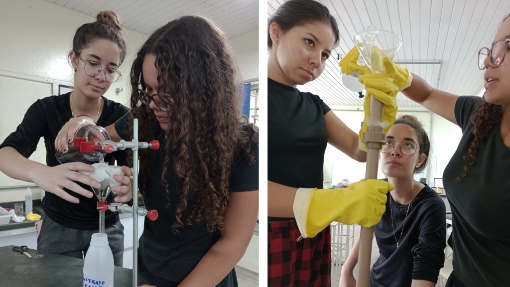 Meninas em STEM realizam experimento de química em laboratório escolar