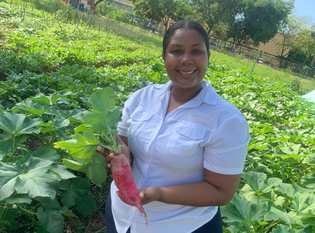 Professora apresenta hortaliça cultivada em projeto escolar ao ar livre